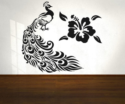 Vinyl Wall Decal Sticker Peacock and Hawaiian Flower #OS_AA281