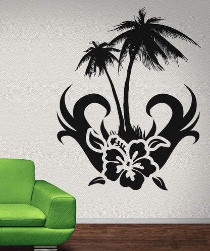 Vinyl Wall Decal Sticker Hibiscus With Palm Tree #OS_AA266